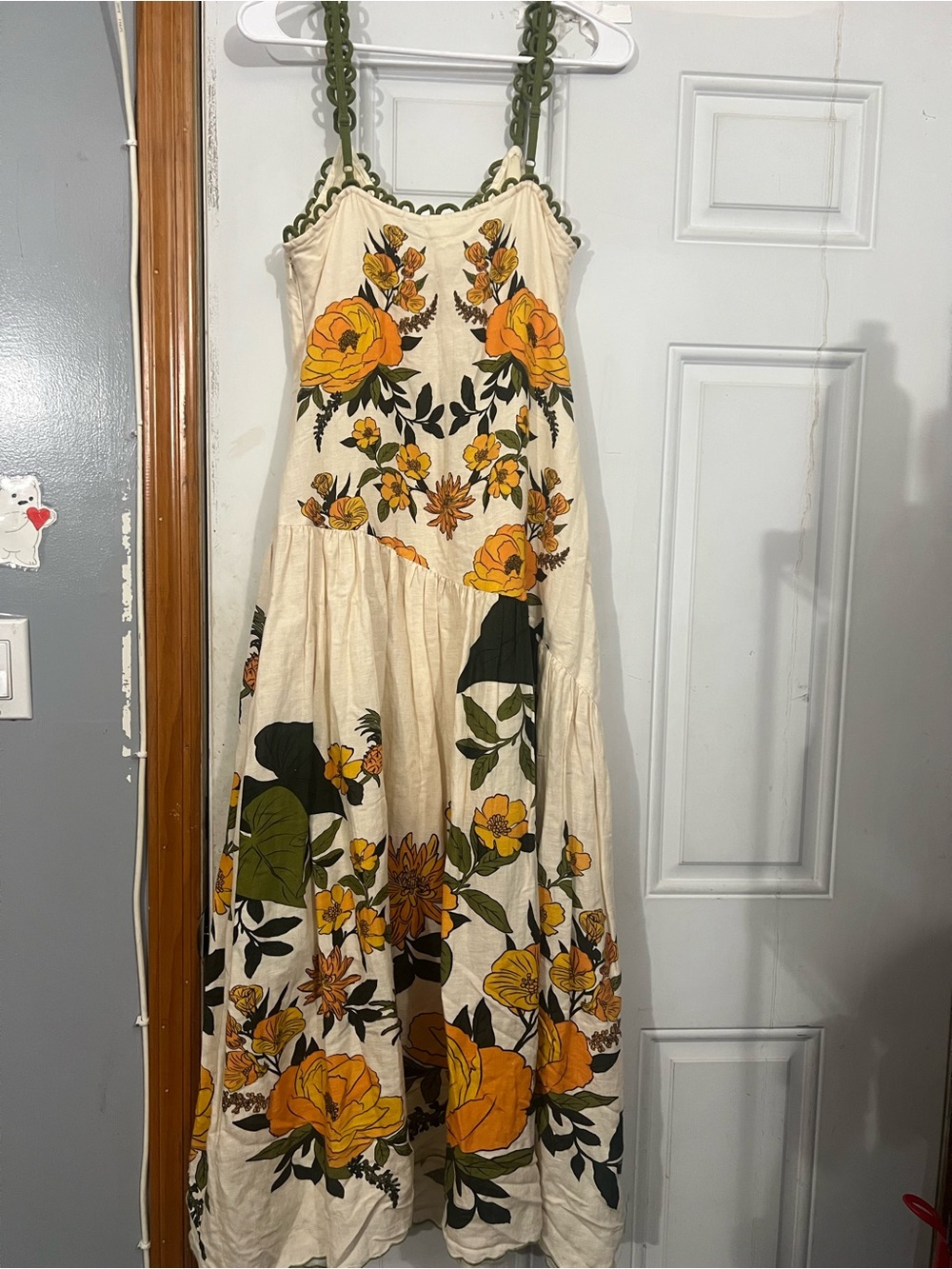 Farm Rio x Anthropologie Cream Maxi Dress with Yellow Floral Print & Olive Trim